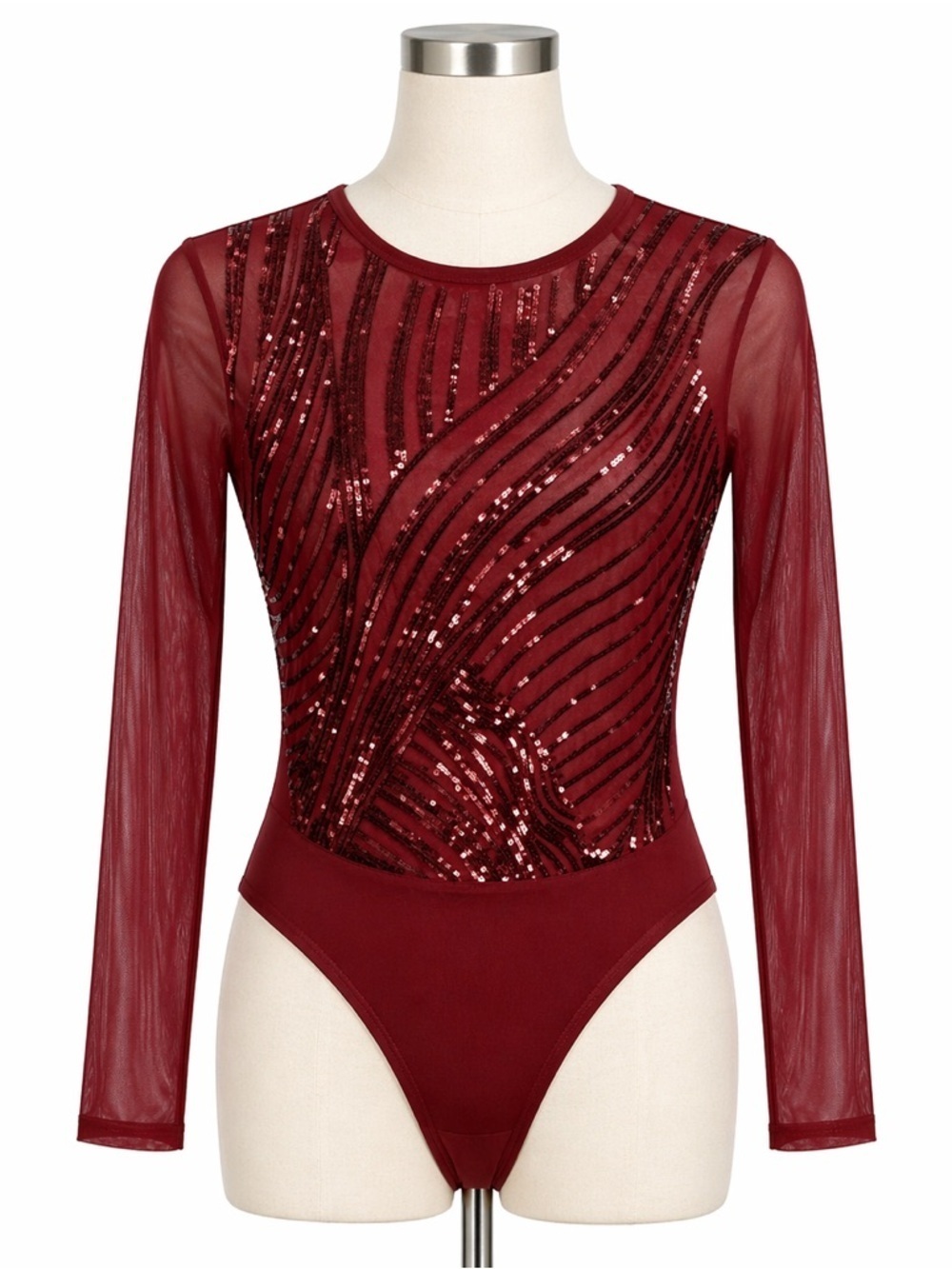 Love University Red Sequin Long sheer Sleeve Bodysuit size Medium
